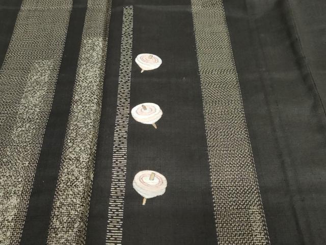 平和屋着物●訪問着 紬地 刺繍 駒 黒地 銀彩 正絹 逸品 未使用 DABB0578ud