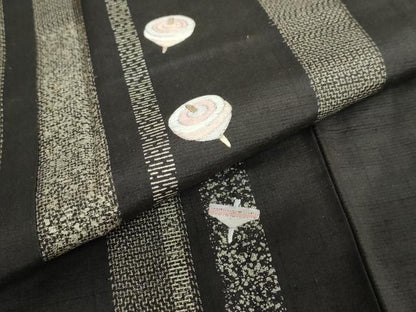 平和屋着物●訪問着 紬地 刺繍 駒 黒地 銀彩 正絹 逸品 未使用 DABB0578ud