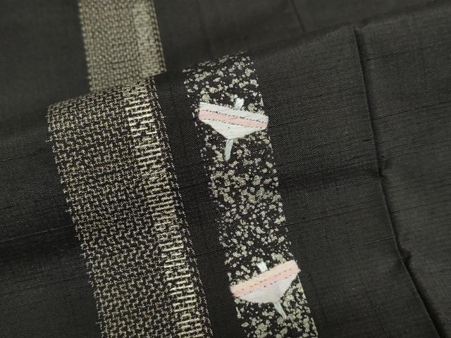 平和屋着物●訪問着 紬地 刺繍 駒 黒地 銀彩 正絹 逸品 未使用 DABB0578ud