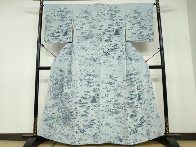 平和屋着物●訪問着 流水風景草花文 鬼しぼ縮緬 正絹 逸品 DABB0579ud