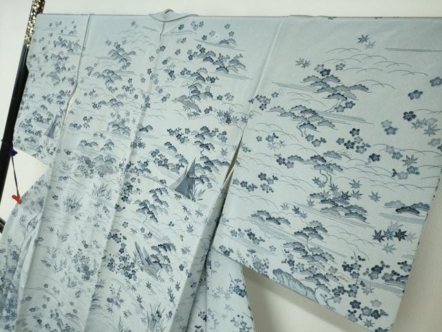 平和屋着物●訪問着 流水風景草花文 鬼しぼ縮緬 正絹 逸品 DABB0579ud