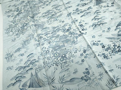 平和屋着物●訪問着 流水風景草花文 鬼しぼ縮緬 正絹 逸品 DABB0579ud