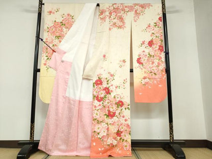 平和屋着物●豪華振袖 刺繍 草花文 暈し染め 金彩 正絹 逸品 DABB0583ud