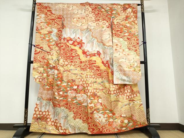 平和屋着物●豪華振袖 駒刺繍 扇面飛鶴吉祥草花文 金彩 正絹 逸品 DABB0592ud
