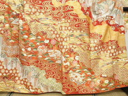 平和屋着物●豪華振袖 駒刺繍 扇面飛鶴吉祥草花文 金彩 正絹 逸品 DABB0592ud