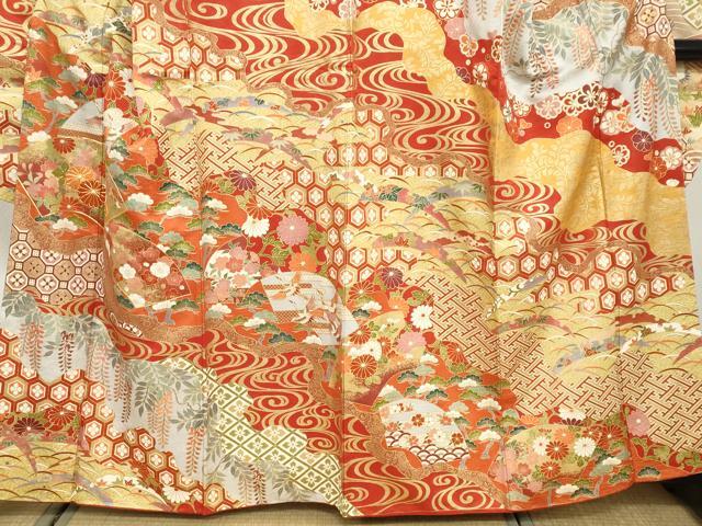 平和屋着物●豪華振袖 駒刺繍 扇面飛鶴吉祥草花文 金彩 正絹 逸品 DABB0592ud
