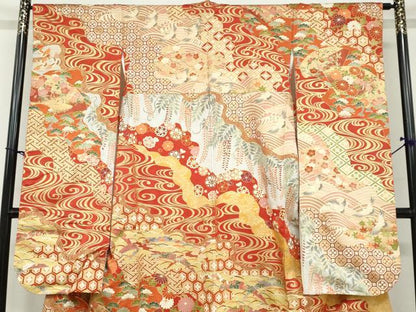 平和屋着物●豪華振袖 駒刺繍 扇面飛鶴吉祥草花文 金彩 正絹 逸品 DABB0592ud