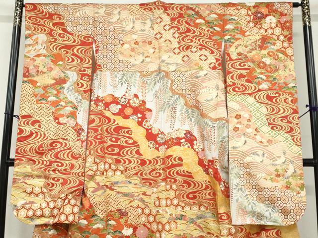 平和屋着物●豪華振袖 駒刺繍 扇面飛鶴吉祥草花文 金彩 正絹 逸品 DABB0592ud