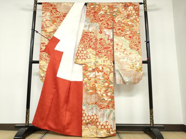 平和屋着物●豪華振袖 駒刺繍 扇面飛鶴吉祥草花文 金彩 正絹 逸品 DABB0592ud