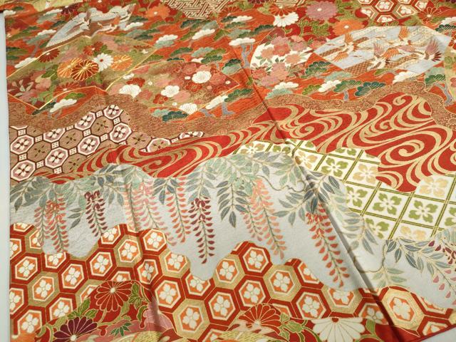 平和屋着物●豪華振袖 駒刺繍 扇面飛鶴吉祥草花文 金彩 正絹 逸品 DABB0592ud