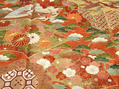 平和屋着物●豪華振袖 駒刺繍 扇面飛鶴吉祥草花文 金彩 正絹 逸品 DABB0592ud