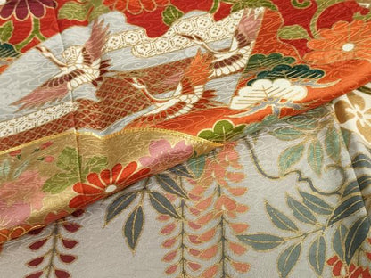 平和屋着物●豪華振袖 駒刺繍 扇面飛鶴吉祥草花文 金彩 正絹 逸品 DABB0592ud