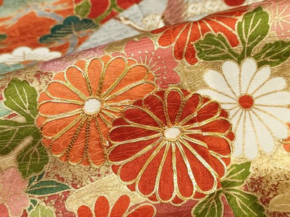 平和屋着物●豪華振袖 駒刺繍 扇面飛鶴吉祥草花文 金彩 正絹 逸品 DABB0592ud