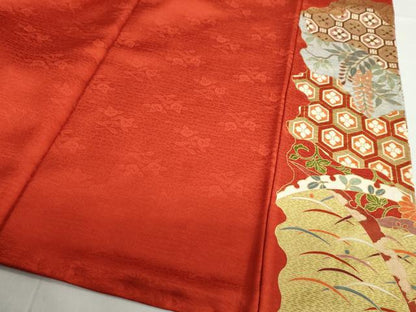 平和屋着物●豪華振袖 駒刺繍 扇面飛鶴吉祥草花文 金彩 正絹 逸品 DABB0592ud