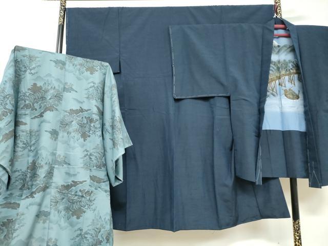平和屋着物●男性 紬 アンサンブル 長羽織 長襦袢（無双）セット 濃藍色 正絹 逸品 DABB0629ud