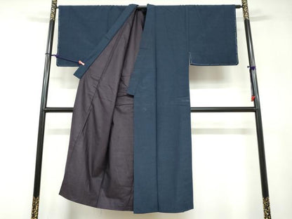 平和屋着物●男性 紬 アンサンブル 長羽織 長襦袢（無双）セット 濃藍色 正絹 逸品 DABB0629ud