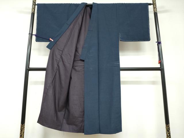 平和屋着物●男性 紬 アンサンブル 長羽織 長襦袢（無双）セット 濃藍色 正絹 逸品 DABB0629ud