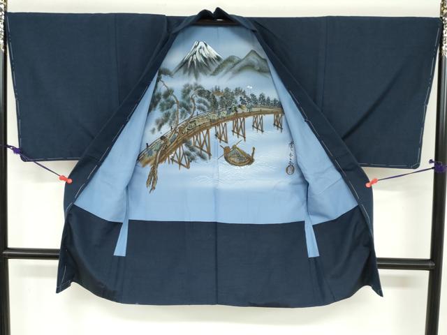 平和屋着物●男性 紬 アンサンブル 長羽織 長襦袢（無双）セット 濃藍色 正絹 逸品 DABB0629ud