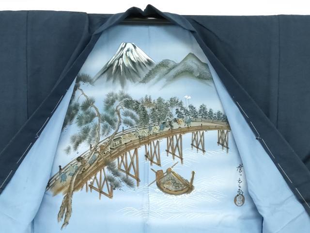 平和屋着物●男性 紬 アンサンブル 長羽織 長襦袢（無双）セット 濃藍色 正絹 逸品 DABB0629ud