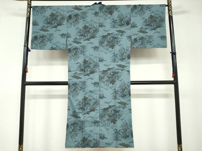 平和屋着物●男性 紬 アンサンブル 長羽織 長襦袢（無双）セット 濃藍色 正絹 逸品 DABB0629ud