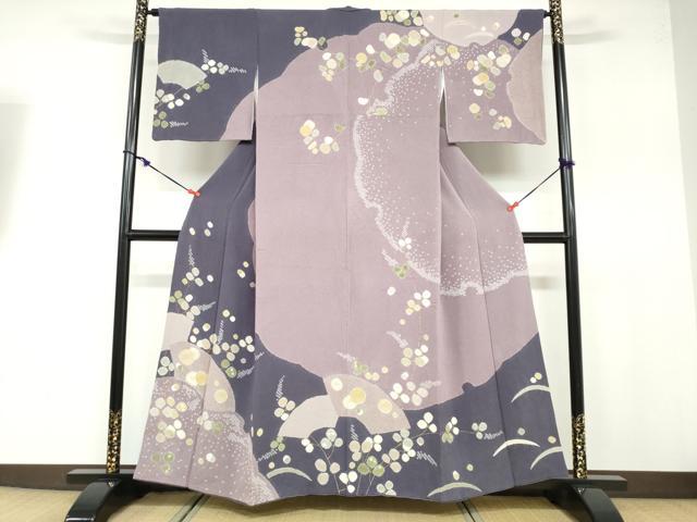 平和屋着物●訪問着 地紙鹿の子草花文 金彩 鬼しぼ縮緬 正絹 逸品 DABB0651ud