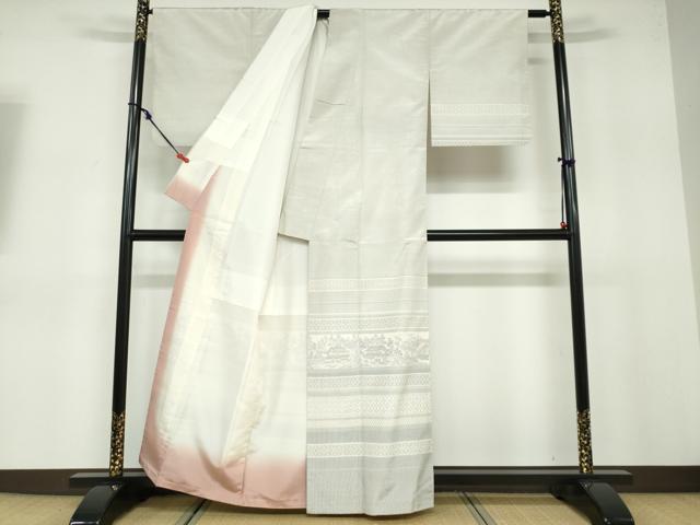 平和屋着物●訪問着 紬地 横段吉祥風景文 正絹 逸品 DABB0652ud