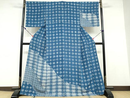 平和屋着物●訪問着 藍 型染め 吉祥草花文 鬼しぼ縮緬 ますいわ屋扱い 正絹 逸品 未使用 DABB0670ud