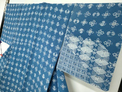 平和屋着物●訪問着 藍 型染め 吉祥草花文 鬼しぼ縮緬 ますいわ屋扱い 正絹 逸品 未使用 DABB0670ud