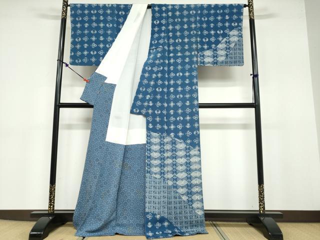 平和屋着物●訪問着 藍 型染め 吉祥草花文 鬼しぼ縮緬 ますいわ屋扱い 正絹 逸品 未使用 DABB0670ud