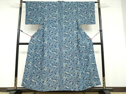 平和屋着物●上質な小紋 藍 型染め 流水花鳥文 正絹 逸品 DABB0672ud