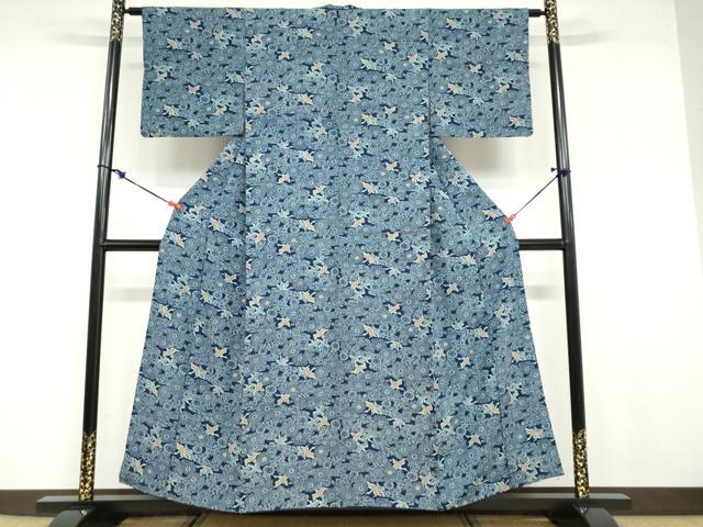 平和屋着物●上質な小紋 藍 型染め 流水花鳥文 正絹 逸品 DABB0672ud