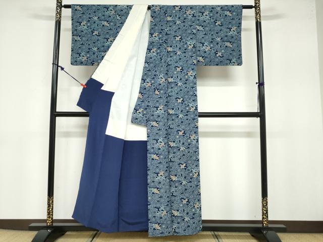 平和屋着物●上質な小紋 藍 型染め 流水花鳥文 正絹 逸品 DABB0672ud