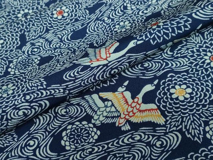 平和屋着物●上質な小紋 藍 型染め 流水花鳥文 正絹 逸品 DABB0672ud