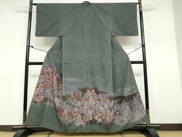 平和屋着物●訪問着 作家物 紬地 ろうけつ染め 樹林文 正絹 逸品 DABB0676ud