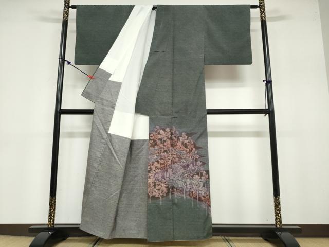 平和屋着物●訪問着 作家物 紬地 ろうけつ染め 樹林文 正絹 逸品 DABB0676ud