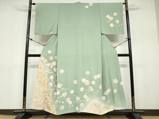平和屋着物●訪問着 駒刺繍 雪輪草花文 暈し染め 金彩 正絹 逸品 未使用 DABB0683ud