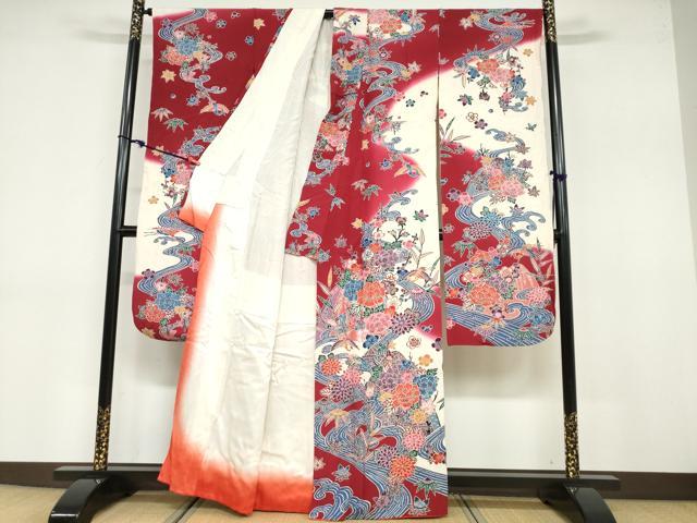 平和屋着物●豪華振袖 型染め 流水花鳥文 正絹 逸品 DABB0696ud