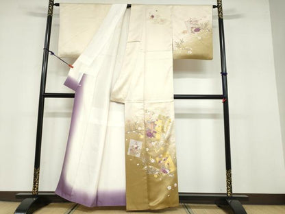 平和屋着物●訪問着 駒刺繍 貝紫 色紙重ね御所車草花文 金彩 さが美扱い 正絹 逸品 DABB0704ud