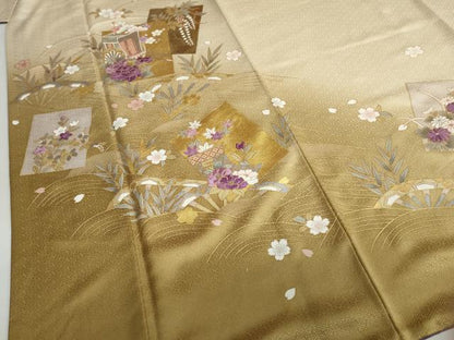 平和屋着物●訪問着 駒刺繍 貝紫 色紙重ね御所車草花文 金彩 さが美扱い 正絹 逸品 DABB0704ud