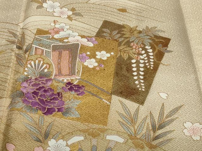 平和屋着物●訪問着 駒刺繍 貝紫 色紙重ね御所車草花文 金彩 さが美扱い 正絹 逸品 DABB0704ud