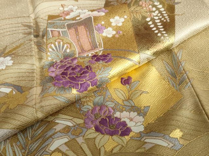 平和屋着物●訪問着 駒刺繍 貝紫 色紙重ね御所車草花文 金彩 さが美扱い 正絹 逸品 DABB0704ud