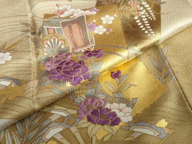 平和屋着物●訪問着 駒刺繍 貝紫 色紙重ね御所車草花文 金彩 さが美扱い 正絹 逸品 DABB0704ud