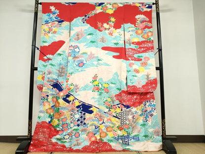 平和屋着物●豪華振袖 駒刺繍 流水草花文 銀彩 正絹 逸品 DABB0713ud
