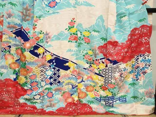 平和屋着物●豪華振袖 駒刺繍 流水草花文 銀彩 正絹 逸品 DABB0713ud