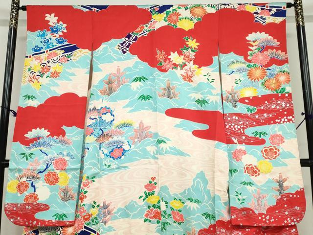平和屋着物●豪華振袖 駒刺繍 流水草花文 銀彩 正絹 逸品 DABB0713ud