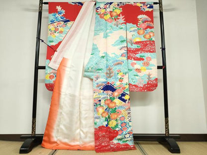 平和屋着物●豪華振袖 駒刺繍 流水草花文 銀彩 正絹 逸品 DABB0713ud