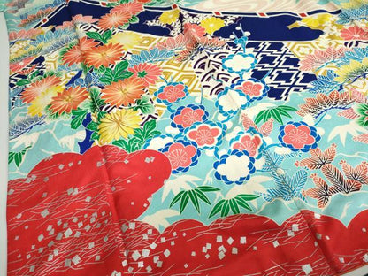 平和屋着物●豪華振袖 駒刺繍 流水草花文 銀彩 正絹 逸品 DABB0713ud