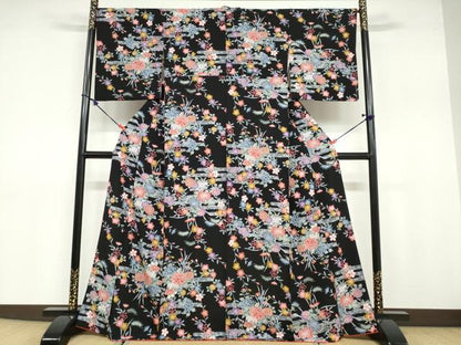 平和屋着物●上質な小紋 型染め 飾花文 黒地 正絹 逸品 DABB0720ud