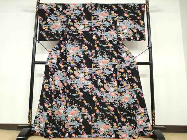 平和屋着物●上質な小紋 型染め 飾花文 黒地 正絹 逸品 DABB0720ud