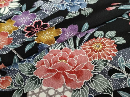 平和屋着物●上質な小紋 型染め 飾花文 黒地 正絹 逸品 DABB0720ud